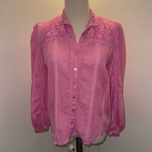 LoveShackFancy Women’s M Pink Ronda Floral Striped Cotton Top Button Up Blouse